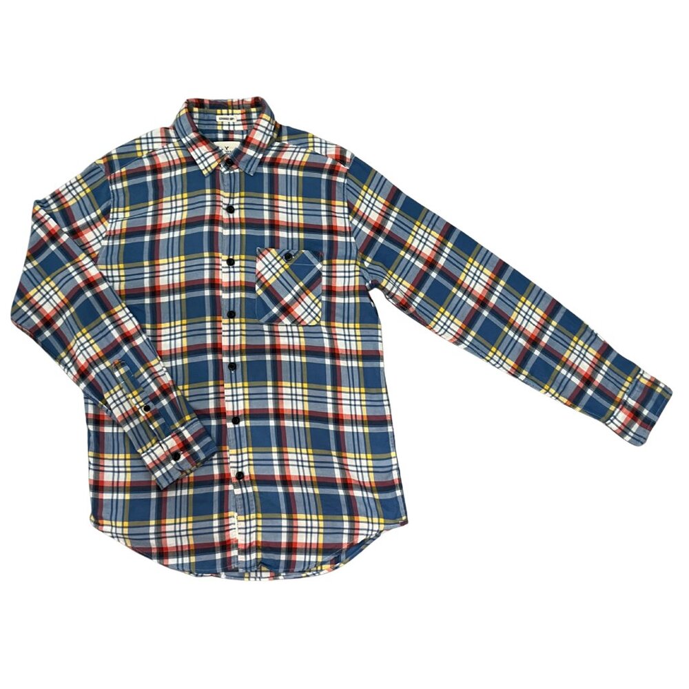 American Eagle Men’s Plaid Flannel Button Down Shirt Blue Yellow Casual Size S